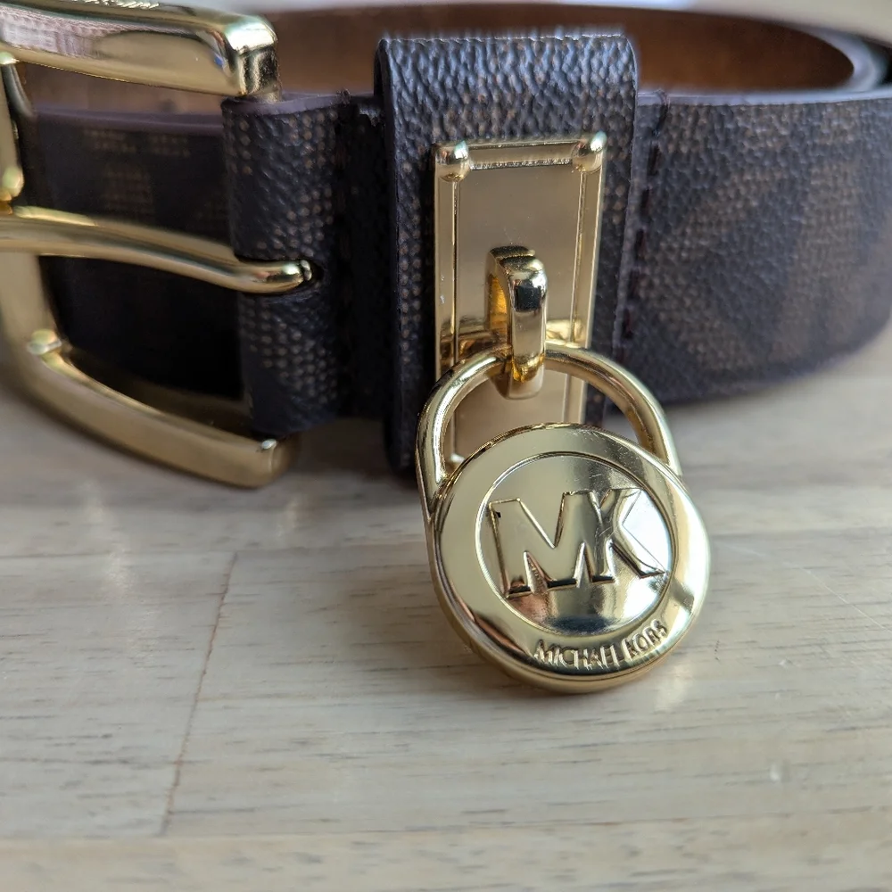 Michael Kors‎ Women's MK Signature Hamilton Lock Monogram Belt Chocolate